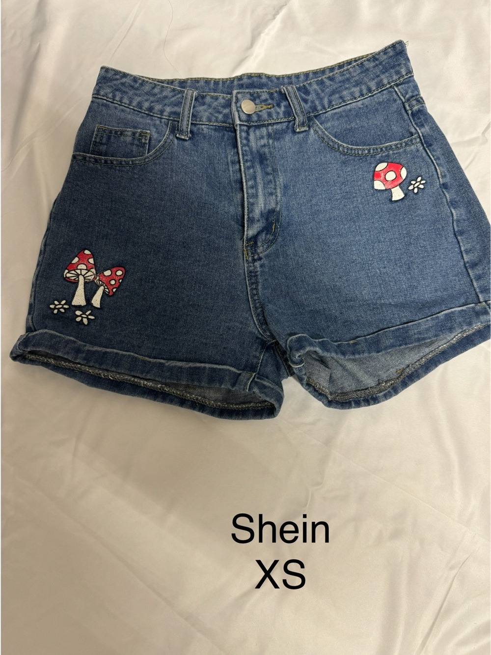 SHEIN Blue Denim Shorts with Red Mushroom Embroidery